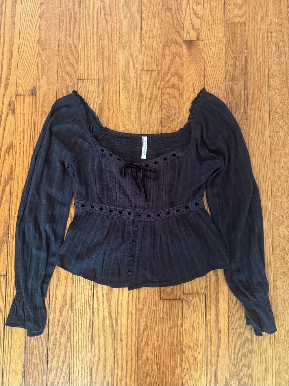 American Eagle Black Long-Sleeve Peasant Top with Lace Trim
